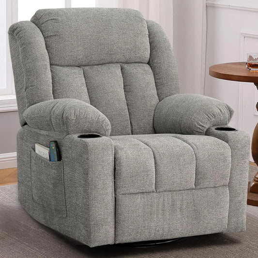 Overstuffed Rocker Recliner with Massage & Heat, Soft Fabric Glider for Living Room, Manual Swivel, Large Adult, Custom