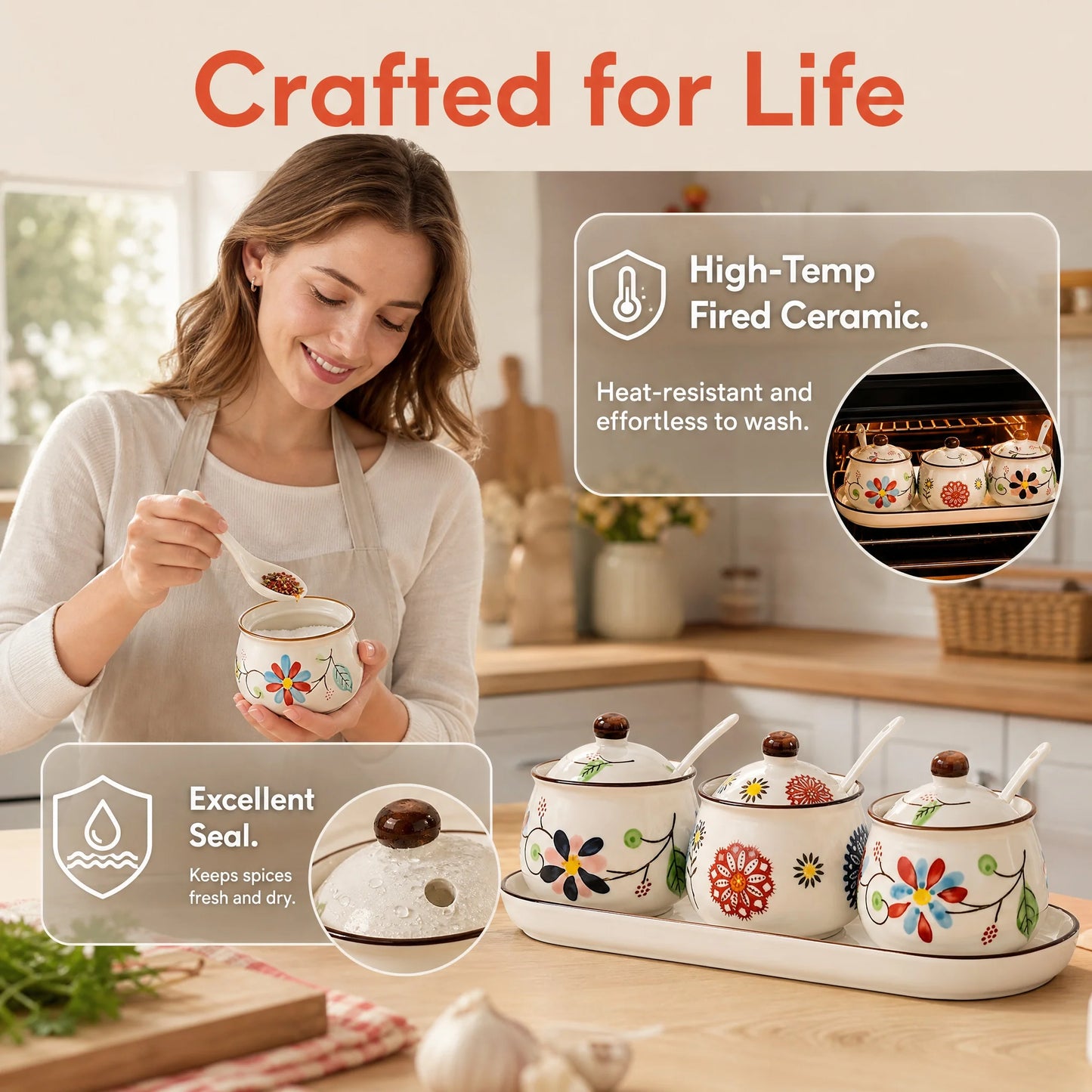 3-Piece Ceramic Spice Jar Set with Tray, Hand-Painted Japanese Vintage Seasoning Jars, Large Capacity 330ml Kitchen Storage Containers with Spoons, Non-Slip Base