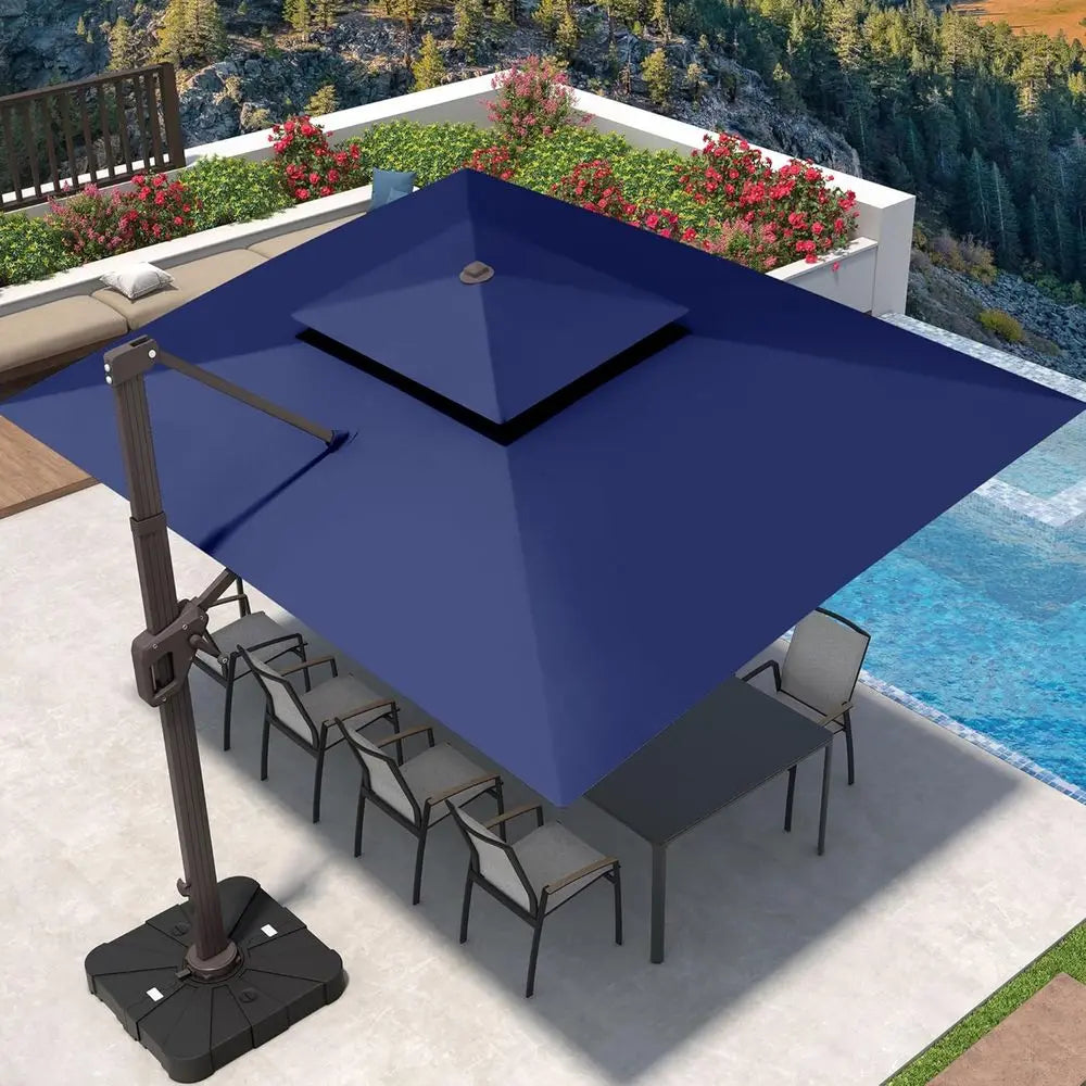 Large Outdoor Cantilever Patio Umbrella with 360-Degree Rotation, LED Lights, and Heavy-Duty Double Top for Deck or Pool Area