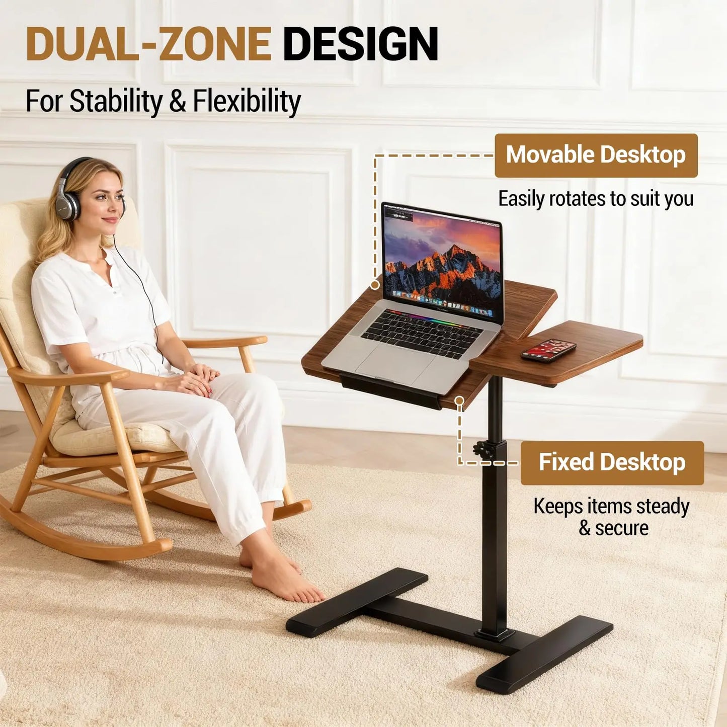 Overbed Bedside Table with Wheels, Tiltable Hospital Bed Table Over The Bed, Pneumatic Adjustable Rolling Laptop Desk