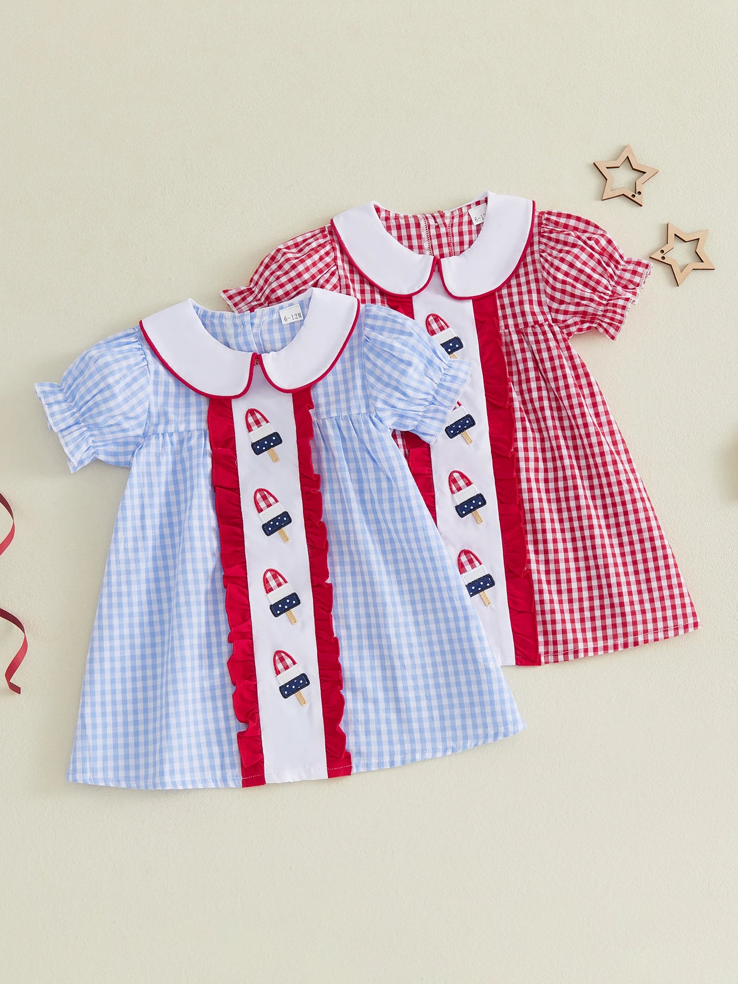 Girls Patriotic Plaid Print Sleeveless Dress with Star Embroidery and Bow Detail Festive Summer Outfit for Independence Day