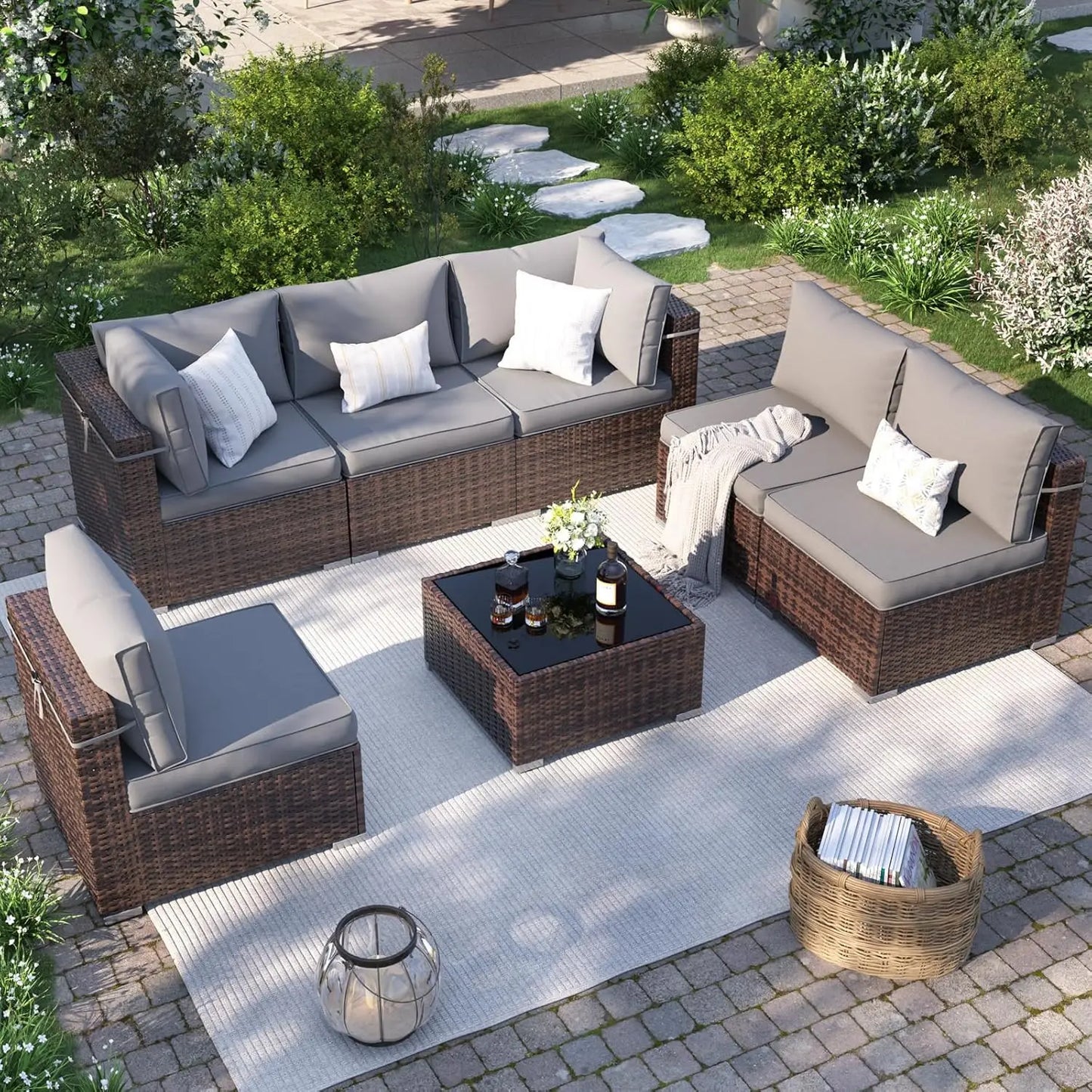 Patio Furniture Set, 7 Pieces Outdoor Sectional Sofa, PE Wicker Backyard Conversation Set with Waterproof Cover &, Customized