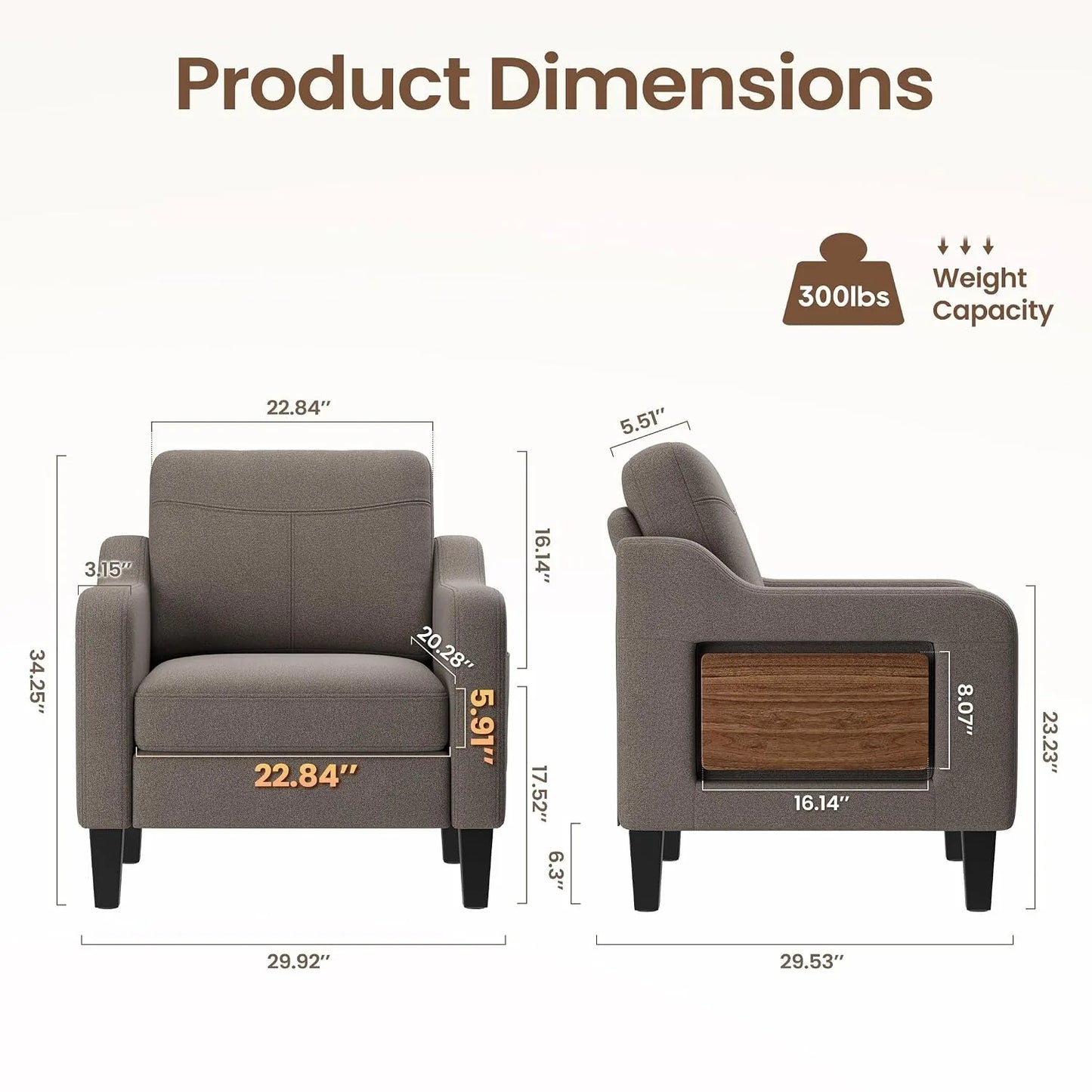 Modern Linen Upholstered Wooden Accent Armchair Foldable Side Table For Living Room, Customized