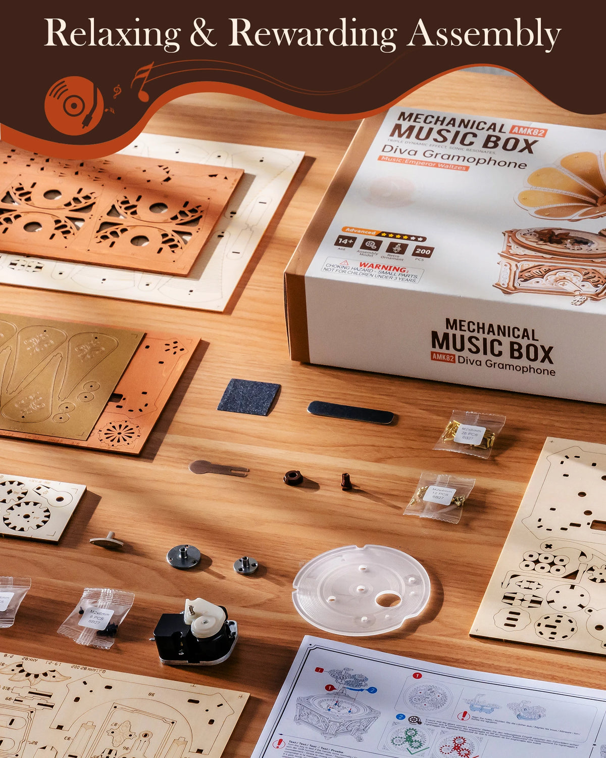 ROKR Wooden 3D Puzzle Diva Gramophone Music Box Mechanical Model Building Kit for Home Decor Holiday Gift for Adults Teens Friends