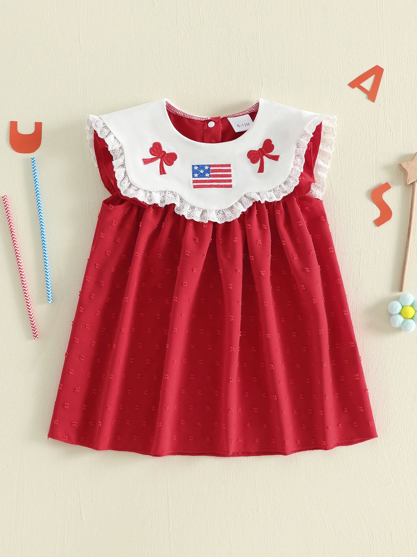 Toddler Girl s Patriotic Dress with Flutter Sleeves Crew Neck American Flag Bow Embroidery and A-Line Silhouette Perfect for