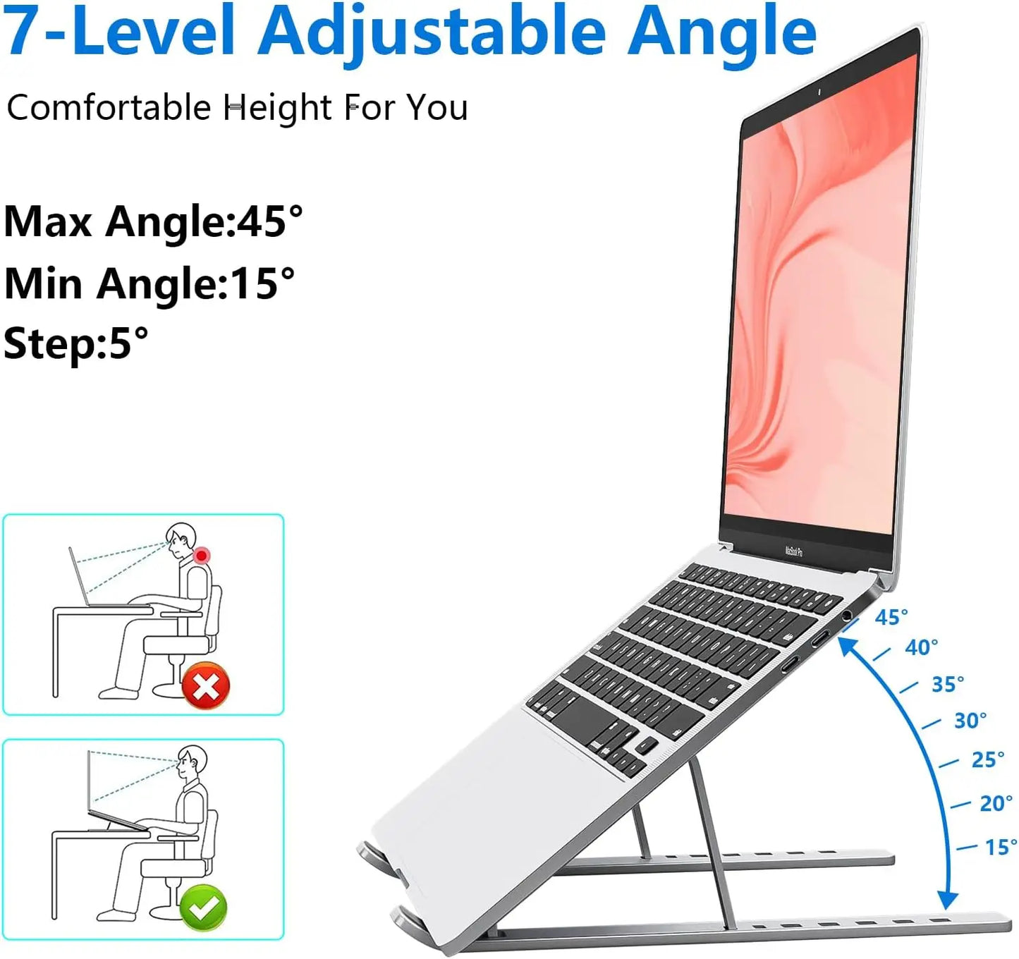Foldable Aluminum Laptop Stand, 7-Level Adjustable Height, Anti-Slip Silicone Pads, Portable for 10-15.6 Inch Laptops & Tablets