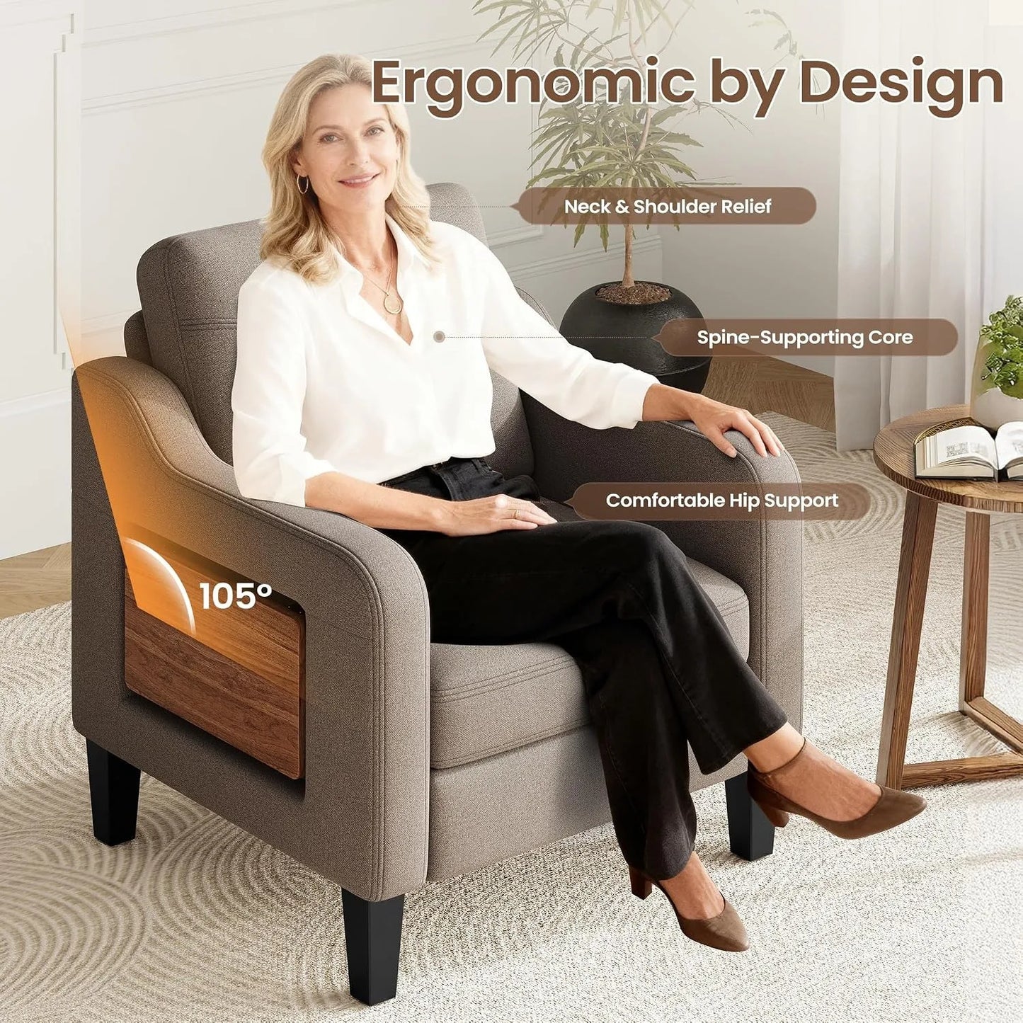 Modern Linen Upholstered Wooden Accent Armchair Foldable Side Table For Living Room, Customized