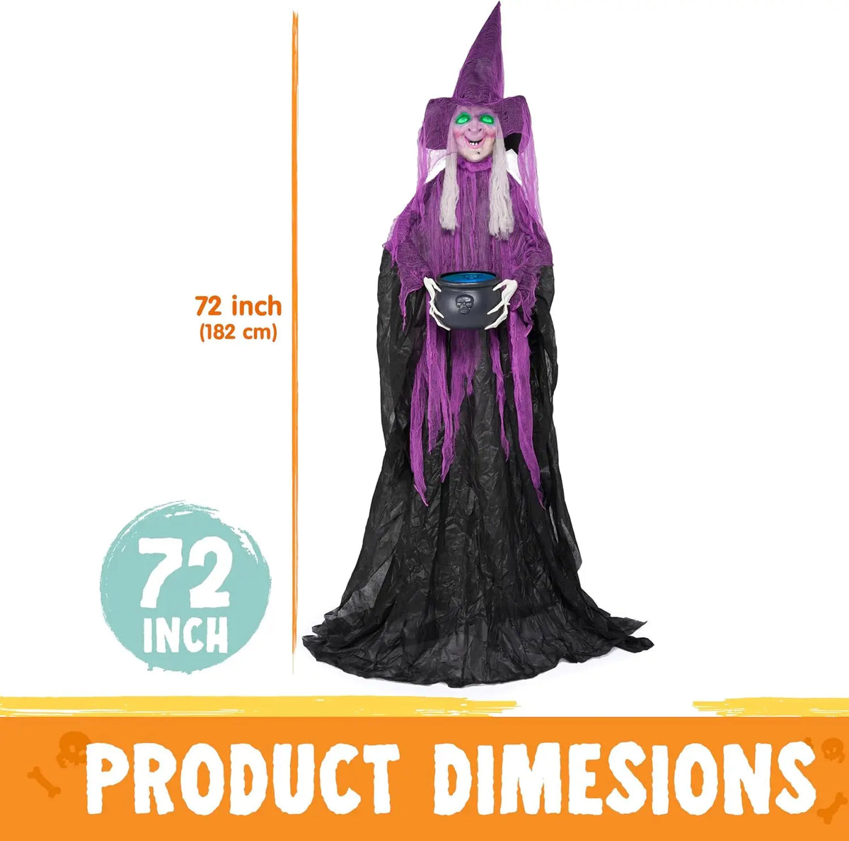 72” Halloween Decorations Standing Witch with Cauldron Scary Ghost Decor with Sound and Lights, Sound-Activated for Haunted House Yard Lawn Garden