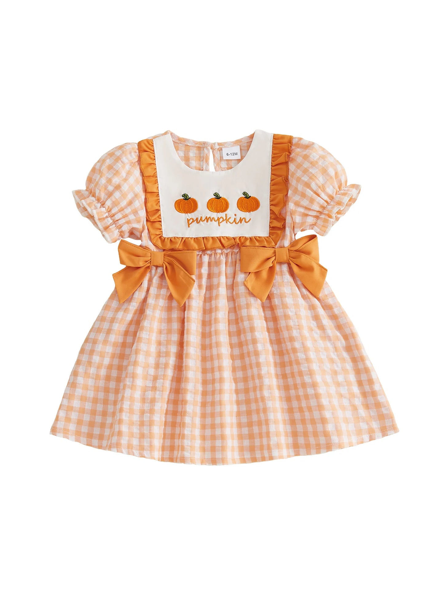 Cute Baby Girl Halloween Costume Puff Sleeve Crew Neck Pumpkin Ghost Embroidery Plaid Dress with A-Line Skirt