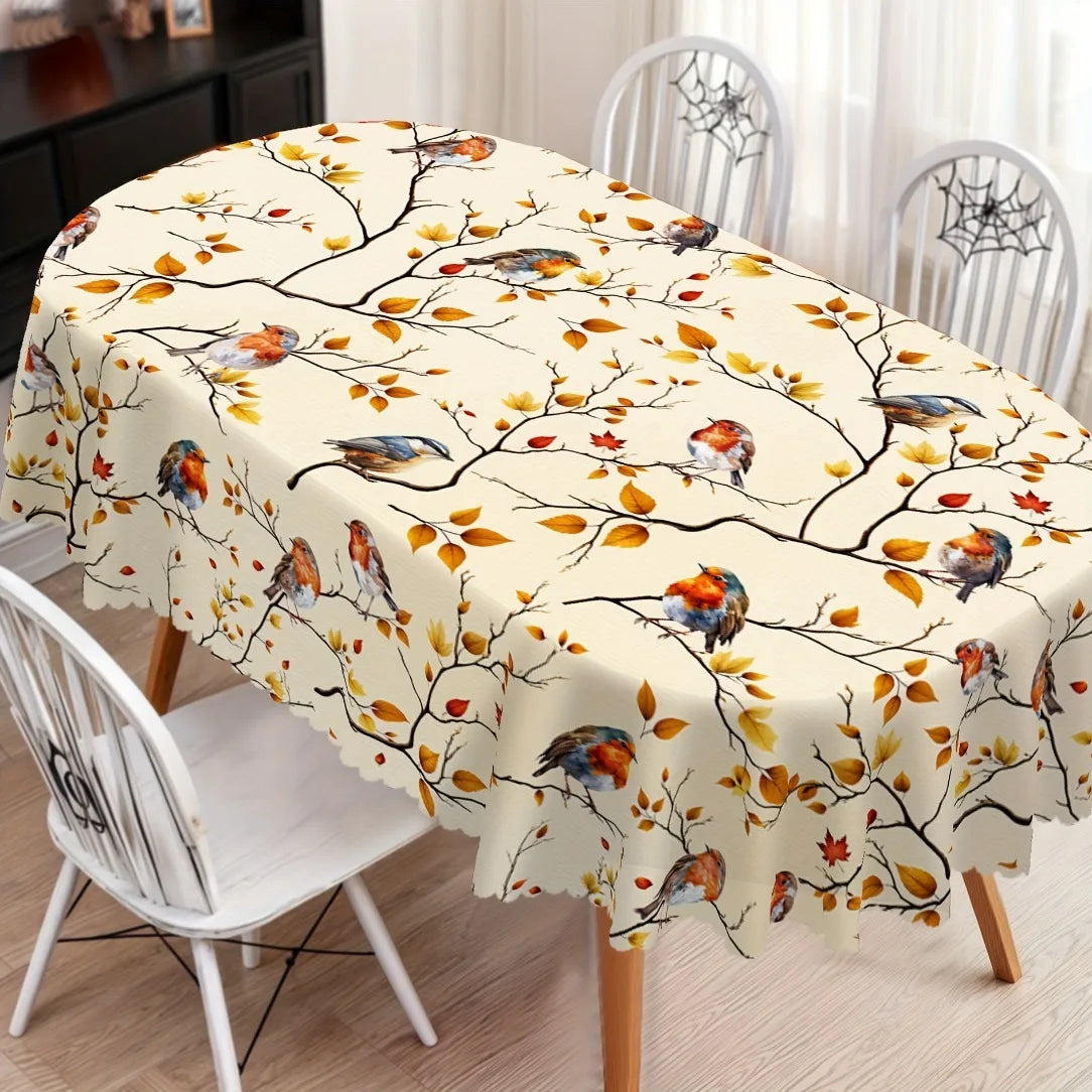 1pc Tablecloth, Autumnal Table, Design with Desolate Maple Leaves And Birds, Retro Country Casual Tablecloth, Autumn Decoration, Polyester Round Rectangular And Oval Tablecloths, Suitable for Indoor/Outdoor Parties, Festive A