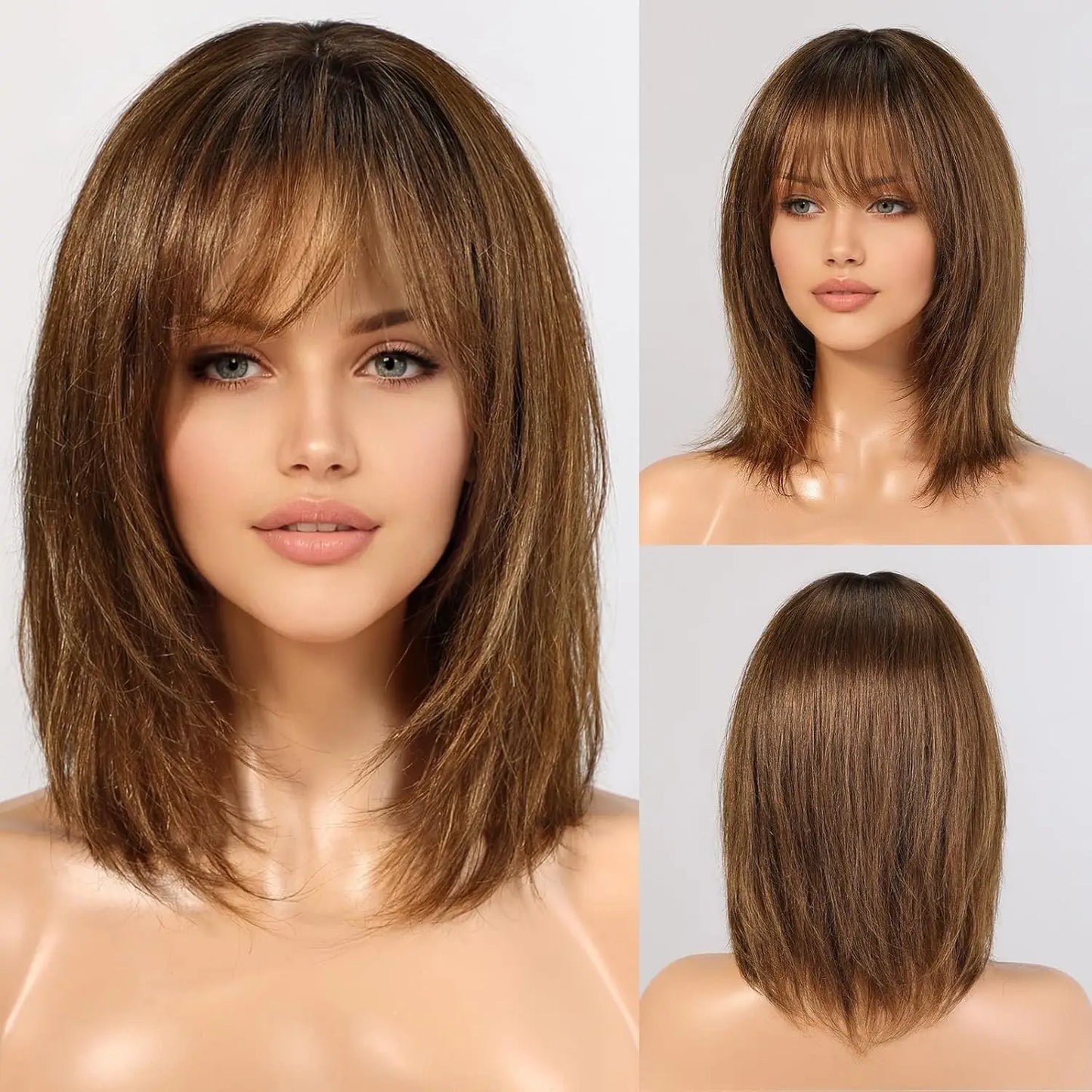 12 Inch Ombre Brown Wigs Human Hair for Women Short Straight Remy Human Hair Wigs With Bangs Brown Natural Hair Real Human Hair