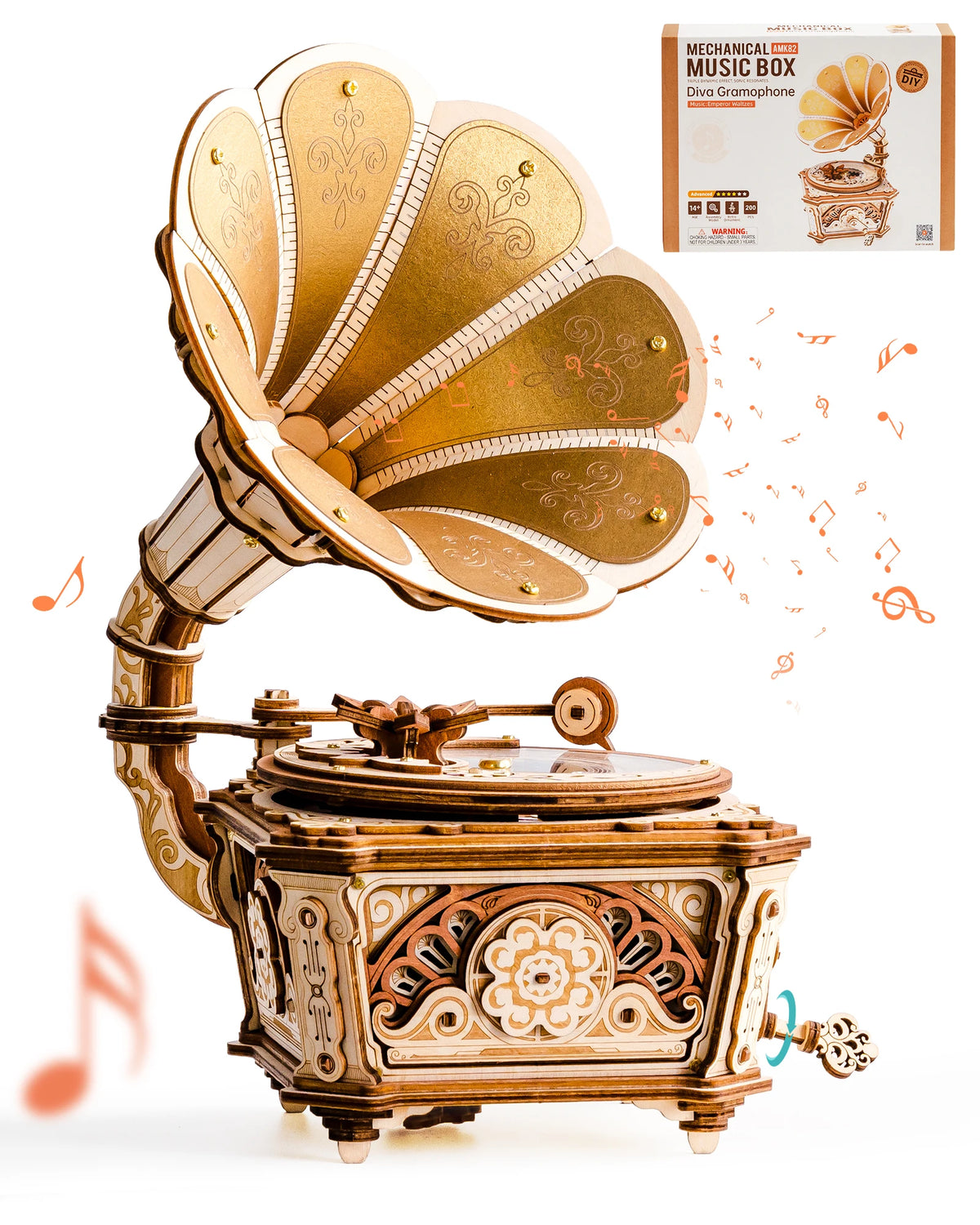 ROKR Wooden 3D Puzzle Diva Gramophone Music Box Mechanical Model Building Kit for Home Decor Holiday Gift for Adults Teens Friends