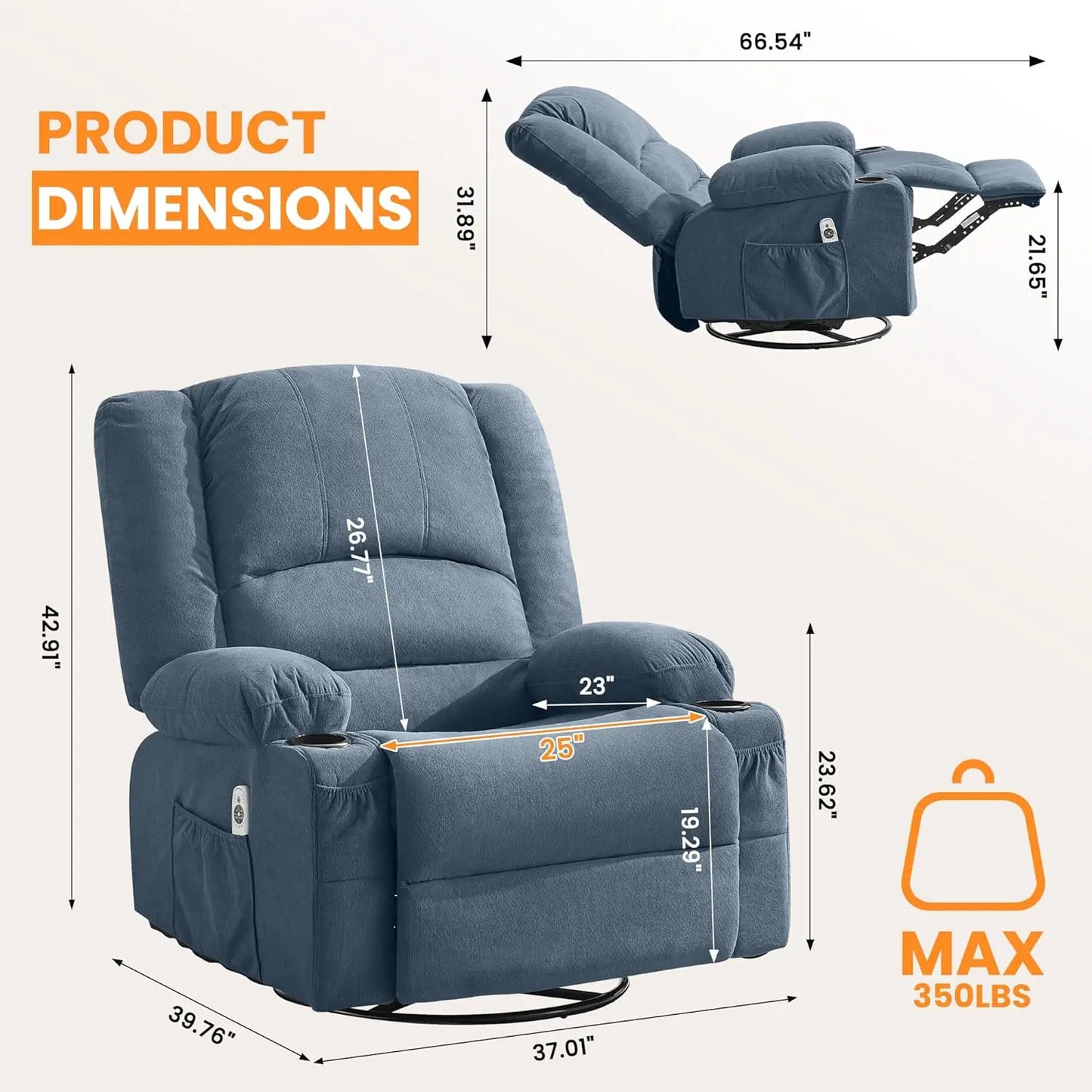 Oversized 360° Swivel Rocking Recliner Chair with Massage & Heat, Big Seat for Adults Living Room, Custom