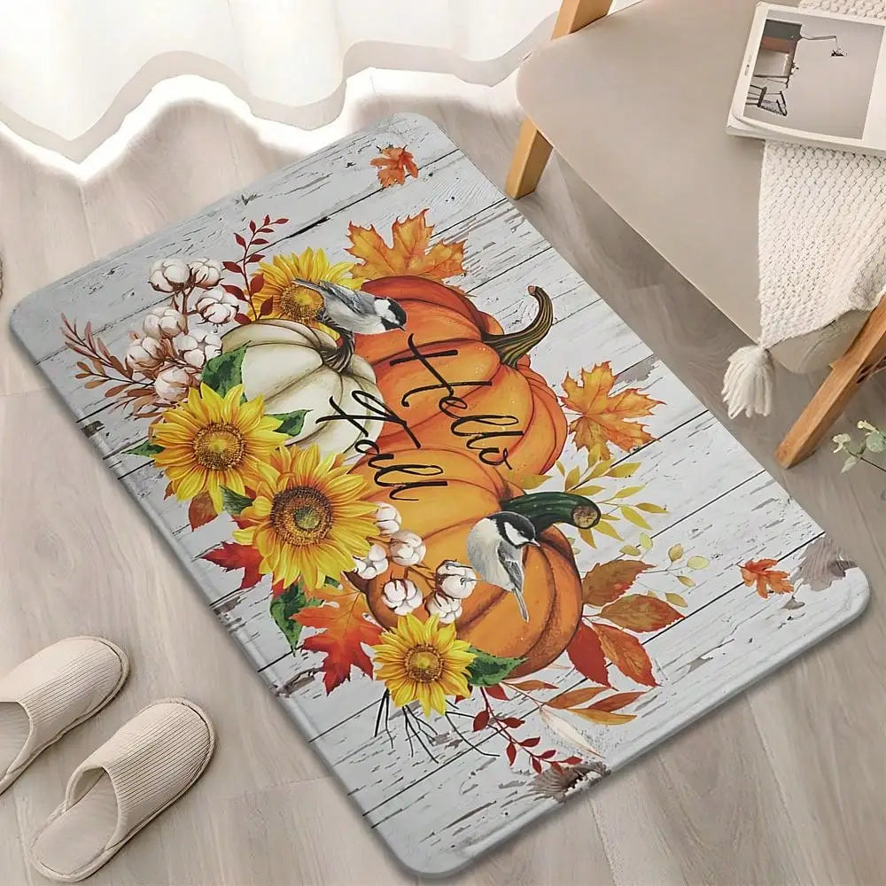 1pc "Hello Fall" Autumn Soft Flannel Non-Slip Floor Mat, Autumn Maple Leaf And Pumpkin Pattern Doormat, Suitable For Laundry Room Decor, Kitchen Mat, Washable