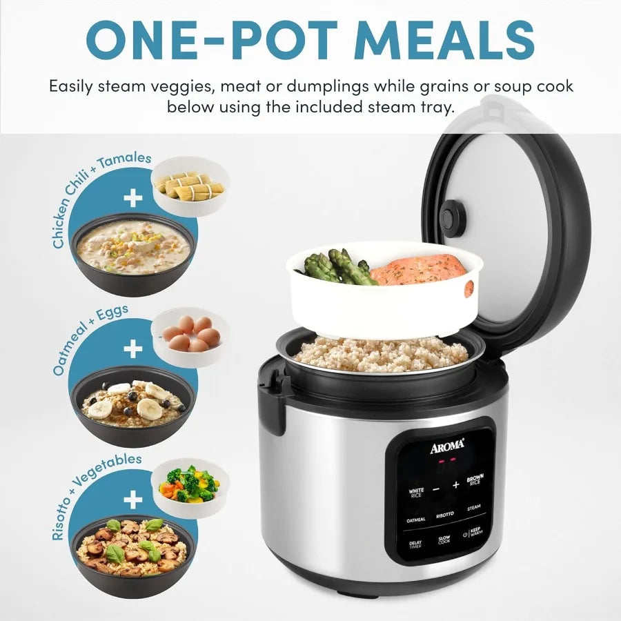 Digital Rice Cooker with 4-Cup Uncooked / 8-Cup (Cooked) Capacity Integrated Steamer Multicooker Functionality Slow Cooking Opt