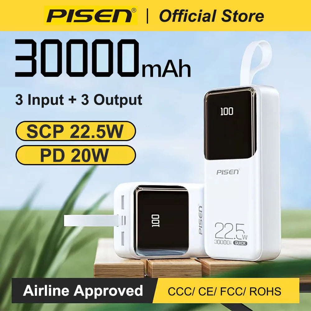 PISEN 22.5W Power Bank 30000mAh Large Capacity QC PD 3.0 Fast Charging PowerBank 20W Portable External Battery For iPhone Samsung Xiaomi Huawei Headphones