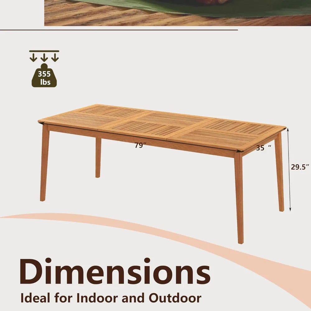 Wooden Outdoor Dining Table for 8, 79 x 35 Rectangular Acacia Wood Slatted Patio Table w/Umbrella Hole, Outdoor Bistro Table