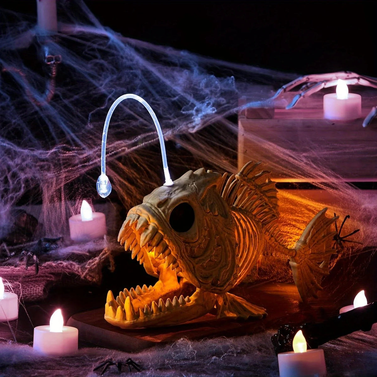 Halloween Skeleton Lantern Fish with LED Eye Plastic Bones for Halloween Party Photo Prop Decoration, Graveyard Decor, Indoor Outdoor Spooky Scene(10.2" *5.5" *3")