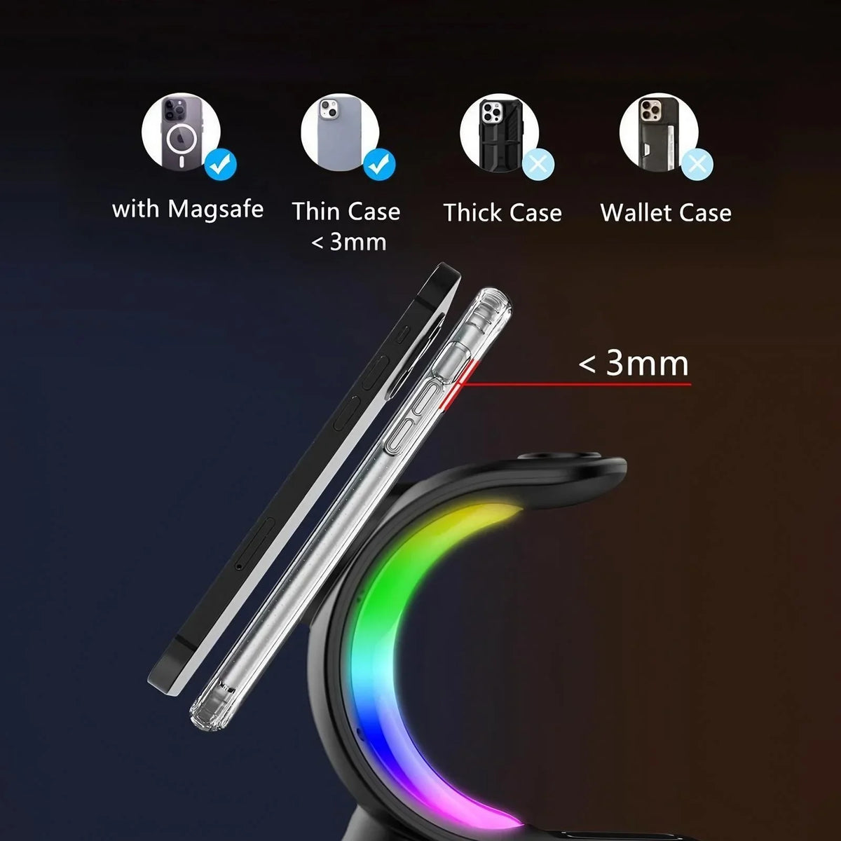 15W Fast Wireless Charger 3-in-1 Magnetic Stand 6-Color RGB Light Multi-Device Charging Station for Apple Devices iPhone AirPods Apple Watch Home Office Desk Bedside Table Organizer Gift Box Packing Travel Foldable