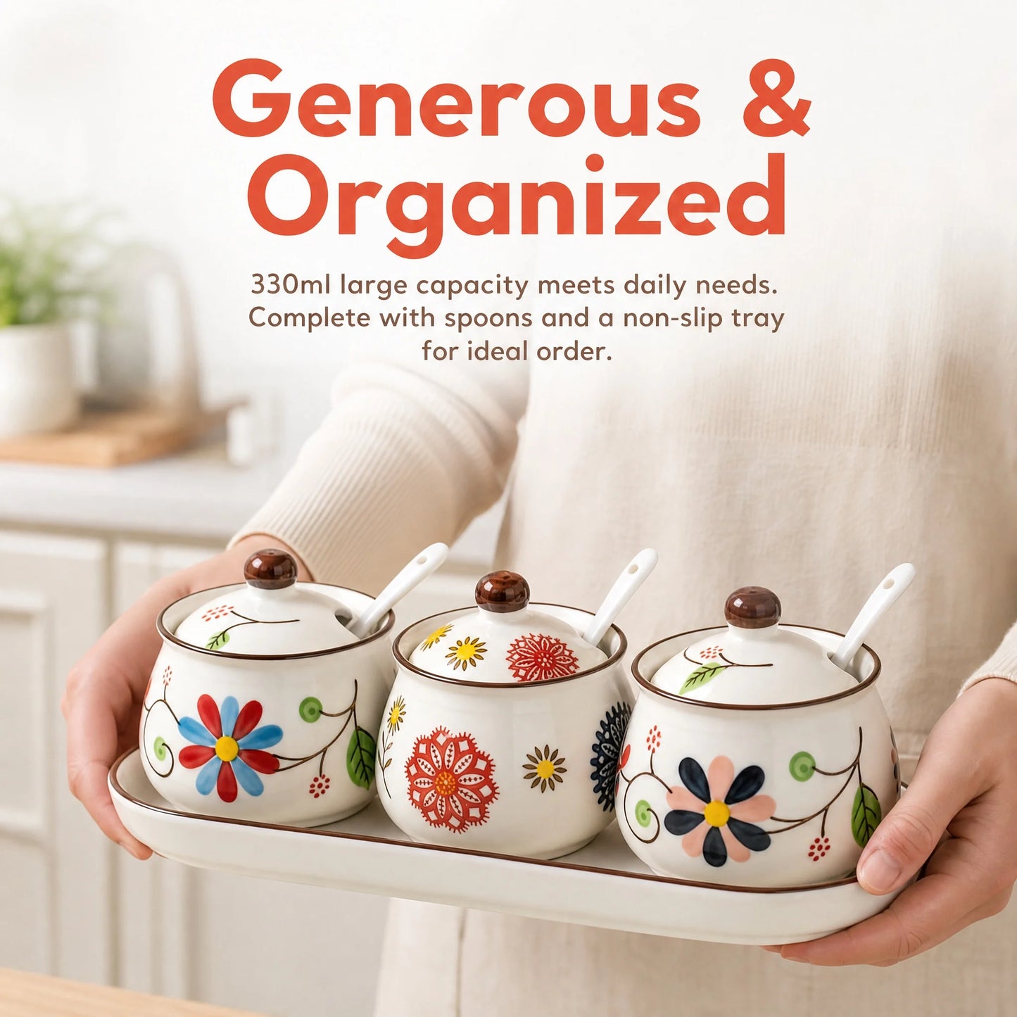 3-Piece Ceramic Spice Jar Set with Tray, Hand-Painted Japanese Vintage Seasoning Jars, Large Capacity 330ml Kitchen Storage Containers with Spoons, Non-Slip Base