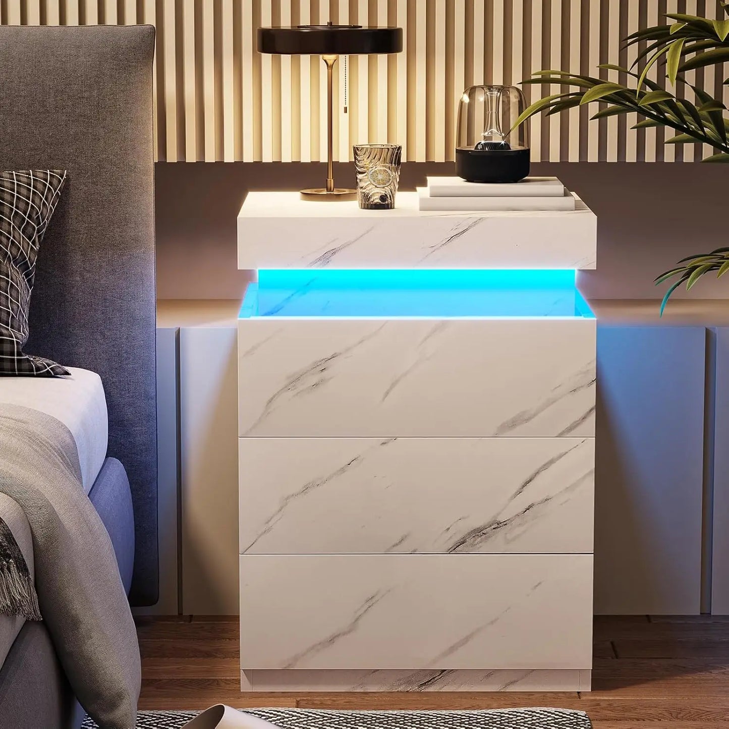 Nightstand Charging Station LED Lights Sliding Top Bedroom Bedside Table Drawers Modern End Side Table White Marble Customized