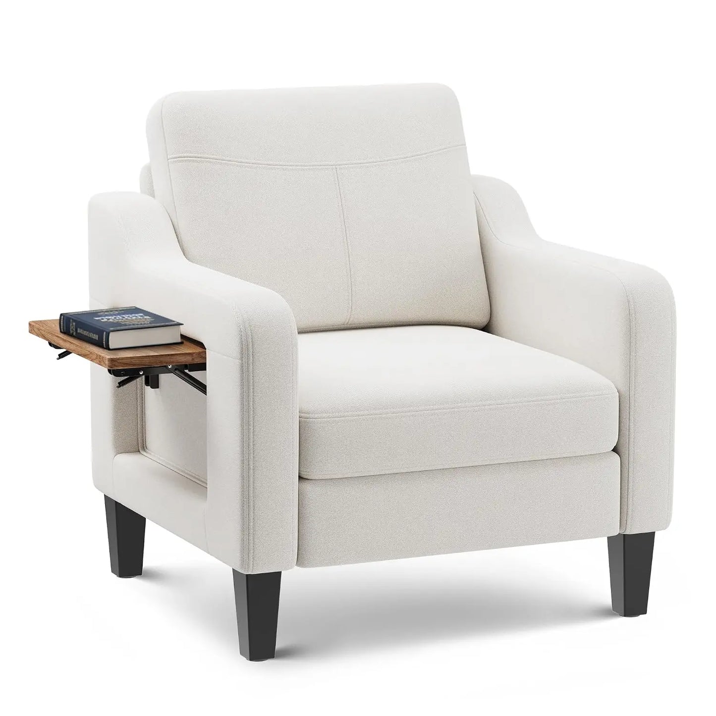 Modern Linen Upholstered Wooden Accent Armchair Foldable Side Table For Living Room, Customized