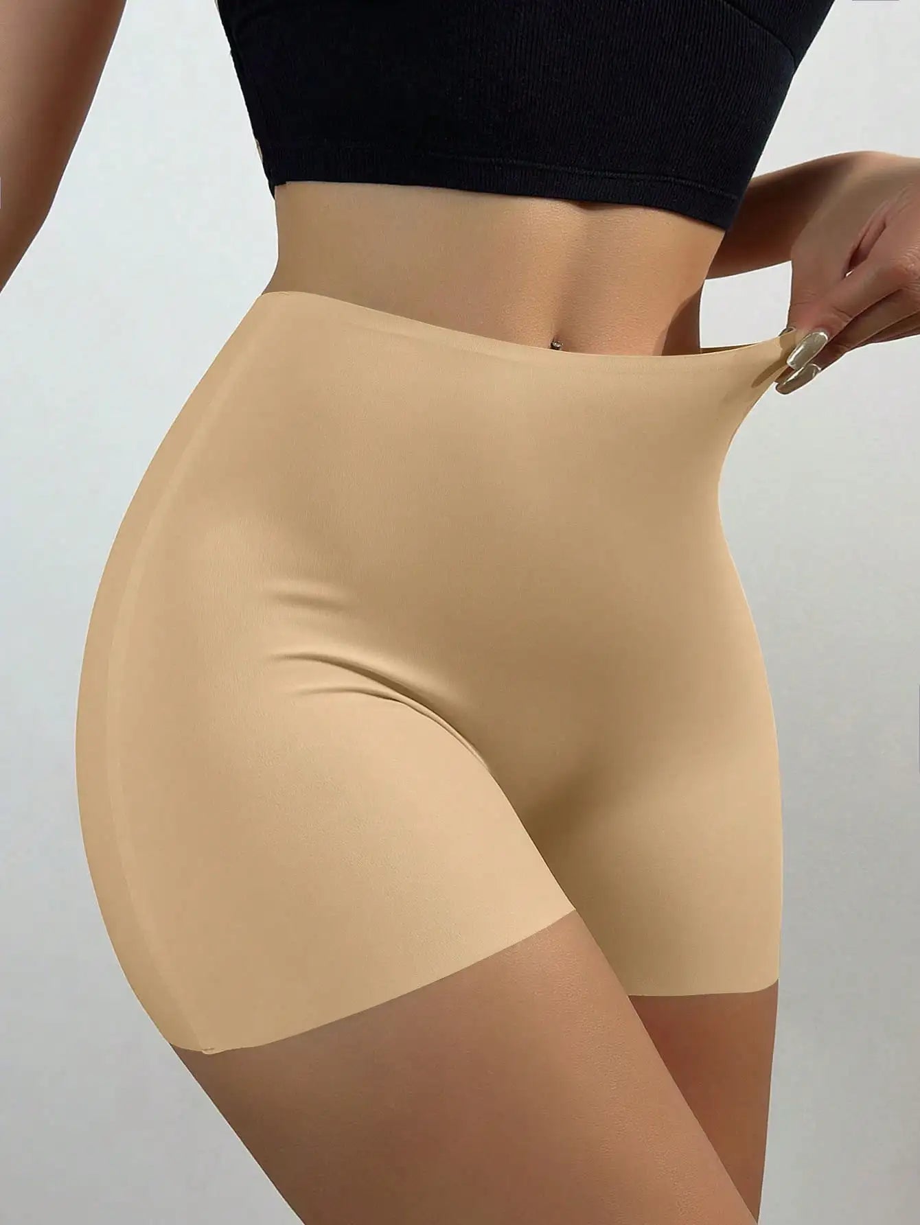 Women's Ice Silk Pants, Mid-Waist Seamless Elastic Shorts, Anti-Lighting, Anti-Roll Edge