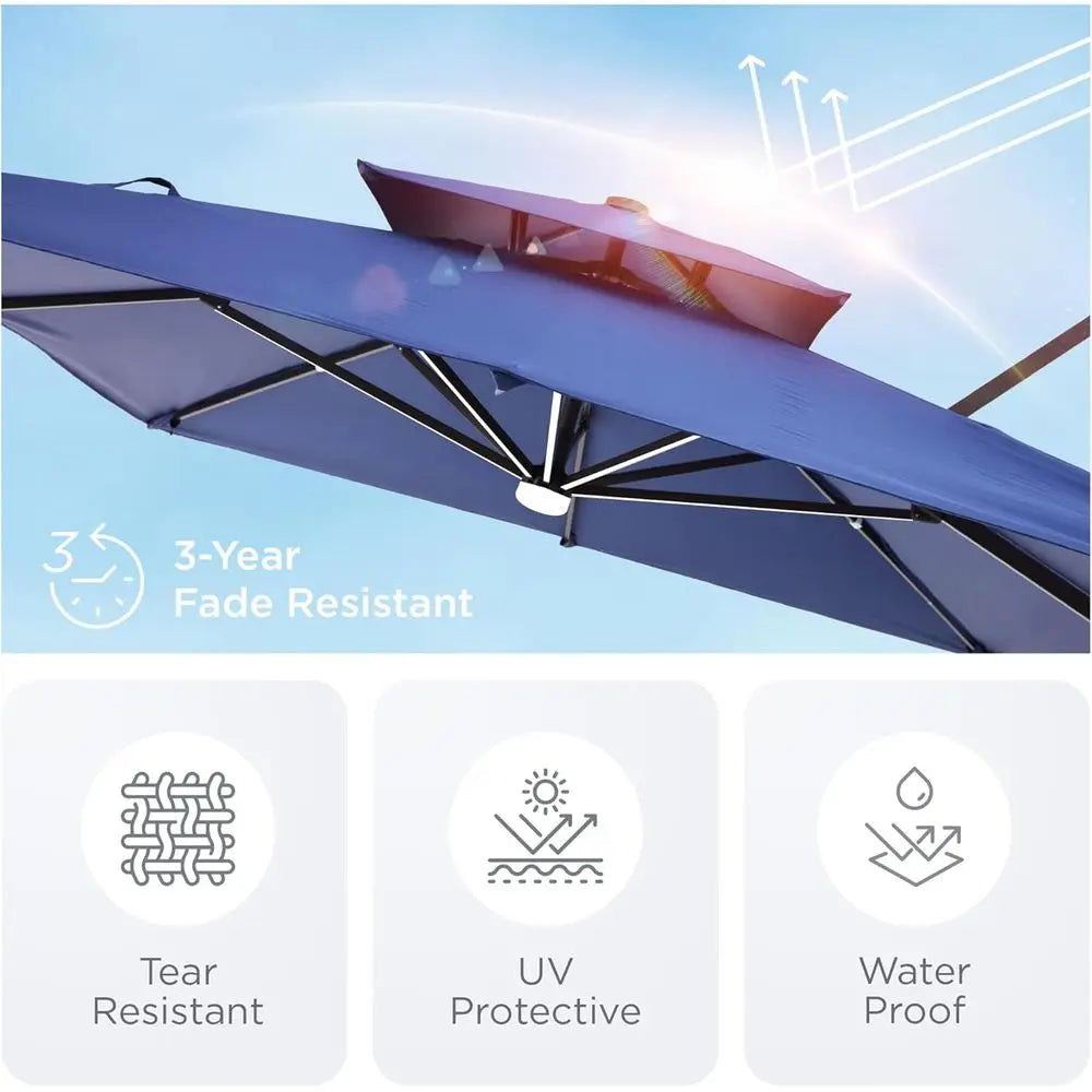 Large Outdoor Cantilever Patio Umbrella with 360-Degree Rotation, LED Lights, and Heavy-Duty Double Top for Deck or Pool Area