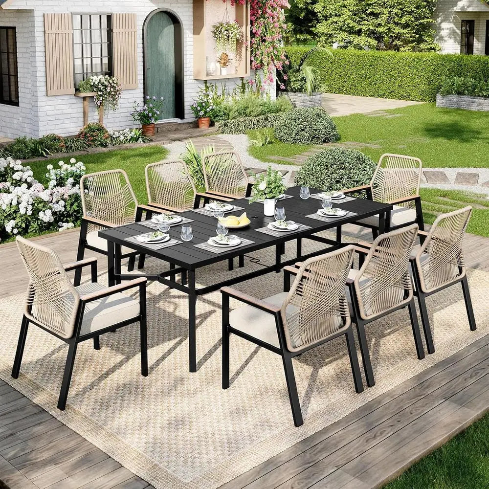 83 x 39 Metal Outdoor Patio Dining Table with Umbrella Hole, Weather-Resistant for Garden and Backyard