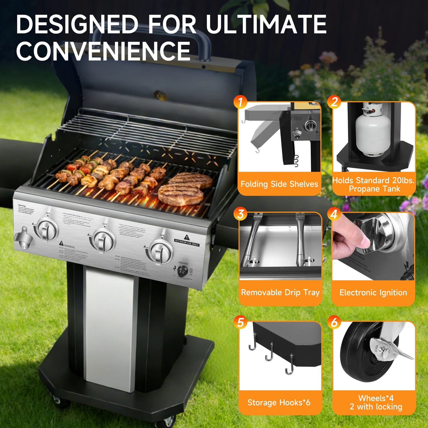 3-Burner Propane Gas Grill with Warming Rack, 30,000 BTU Outdoor BBQ Grill, Foldable Side Tables, Tool Hooks & Easy-Roll Wheels