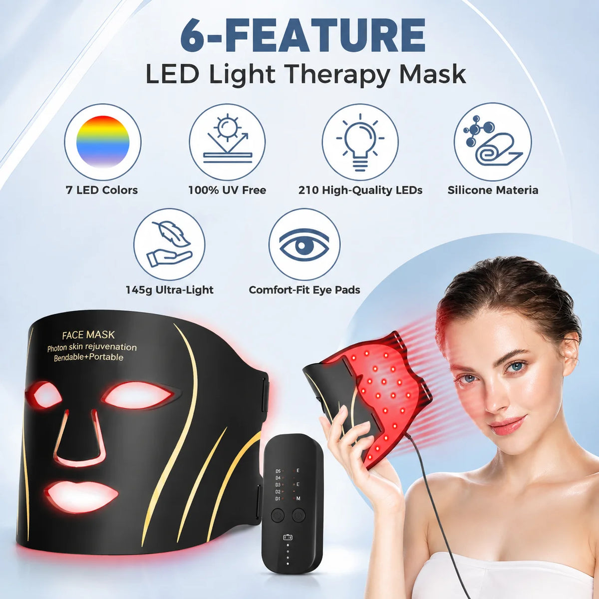 7 Colors LED Light Therapy Mask, Multicolor Phototherapy f for Painless Skin Renewal, Ergonomic Design with Protective Eye Pads, Portable Beauty Device