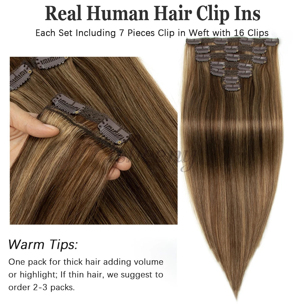 7pcs/set Clip in Human Hair Extensions 12-24 inches 100g-120g Natural Straight Clip-in Full Head Hair Easy to Install at Home