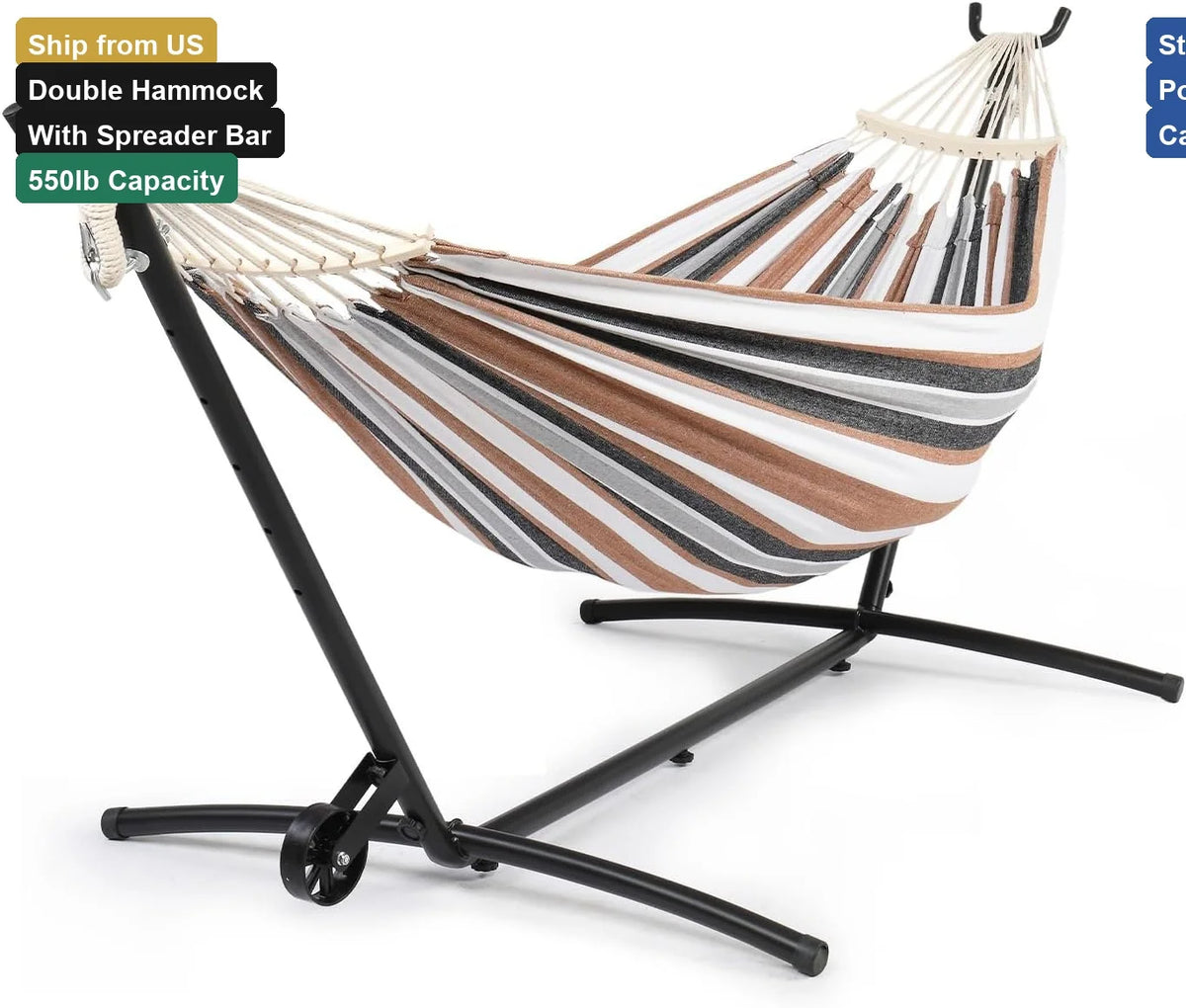 Double Hammock with Spreader Bar and Steel Stand, 2 Person Portable Brazilian Hammock Set for Outdoor Patio Backyard Camping, 55