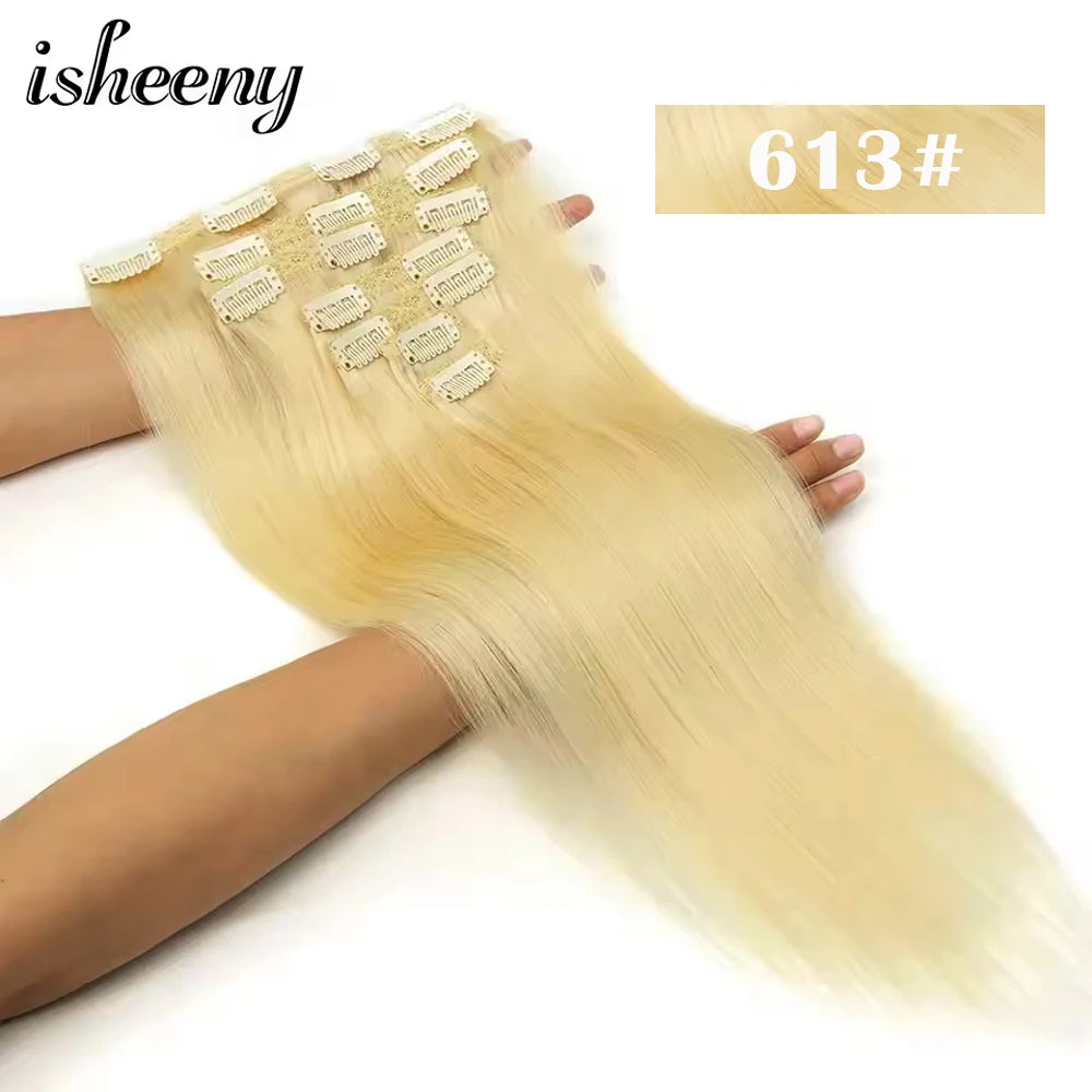 Clip In 100 % Human Hair Extensions Natural Straight 12-24 inches Clip Hair Extension Human Hairpiece 100-120g 7pcs/set isheeny