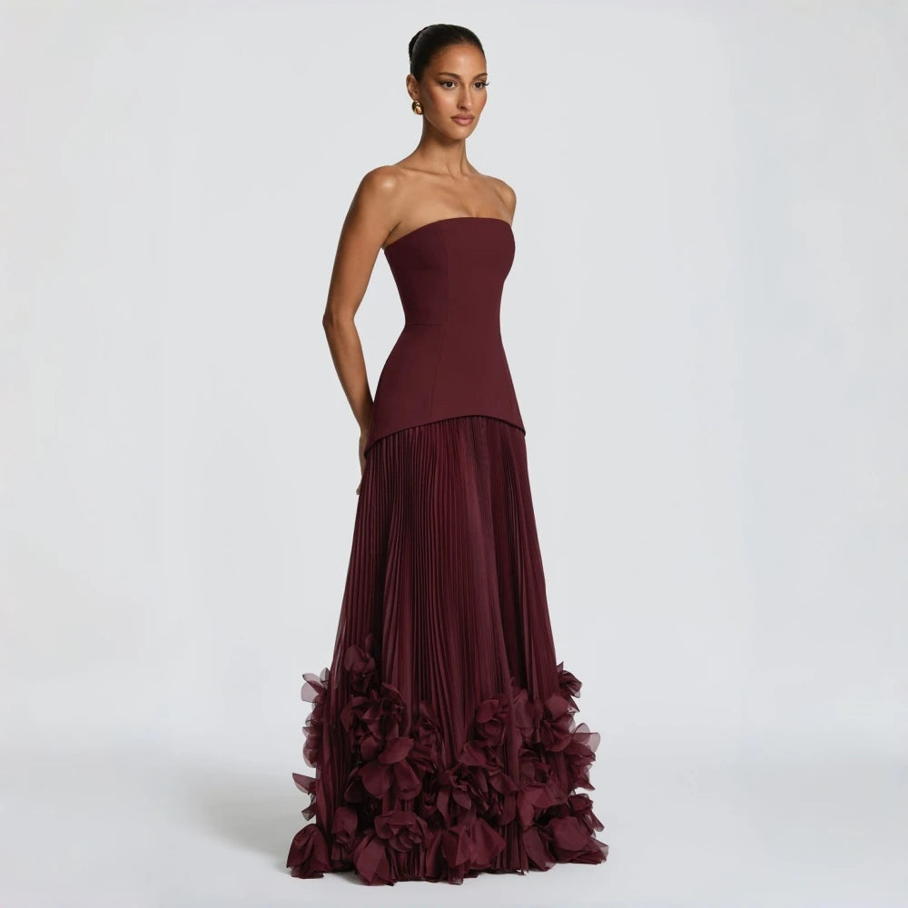 Elegant 3D Flower Lace Up A Line Solid Spliced Sheer Dresses Strapless Sleeveless Patchwork Applique Maxi Dress Female Clothing