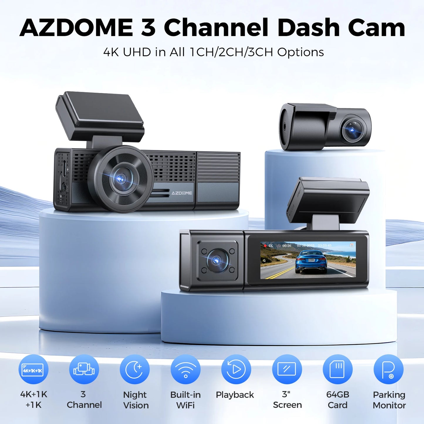 【US Warehouses】AZDOME M500 4K Dash Cam 3-Channel Record WiFi GPS Dash Camera for Cars Voice Control Night Vision 24H Parking Mon