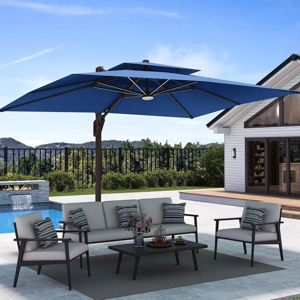 Large Outdoor Cantilever Patio Umbrella with 360-Degree Rotation, LED Lights, and Heavy-Duty Double Top for Deck or Pool Area
