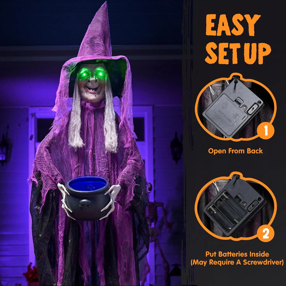 72” Halloween Decorations Standing Witch with Cauldron Scary Ghost Decor with Sound and Lights, Sound-Activated for Haunted House Yard Lawn Garden