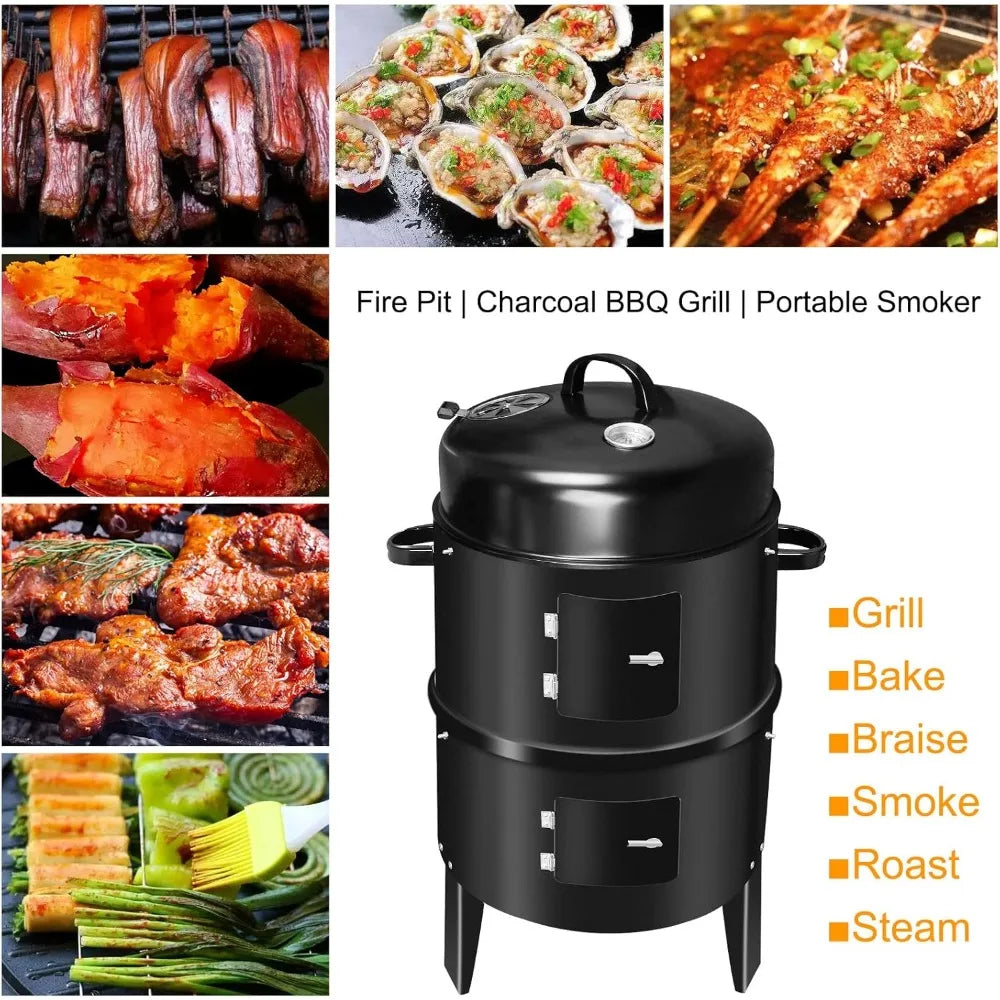3-in-1 BBQ Smoker Grill with Chimney Multi-function Detachable Outdoor Cooking Oven with Thermometer Camping Outdoor Party Grill