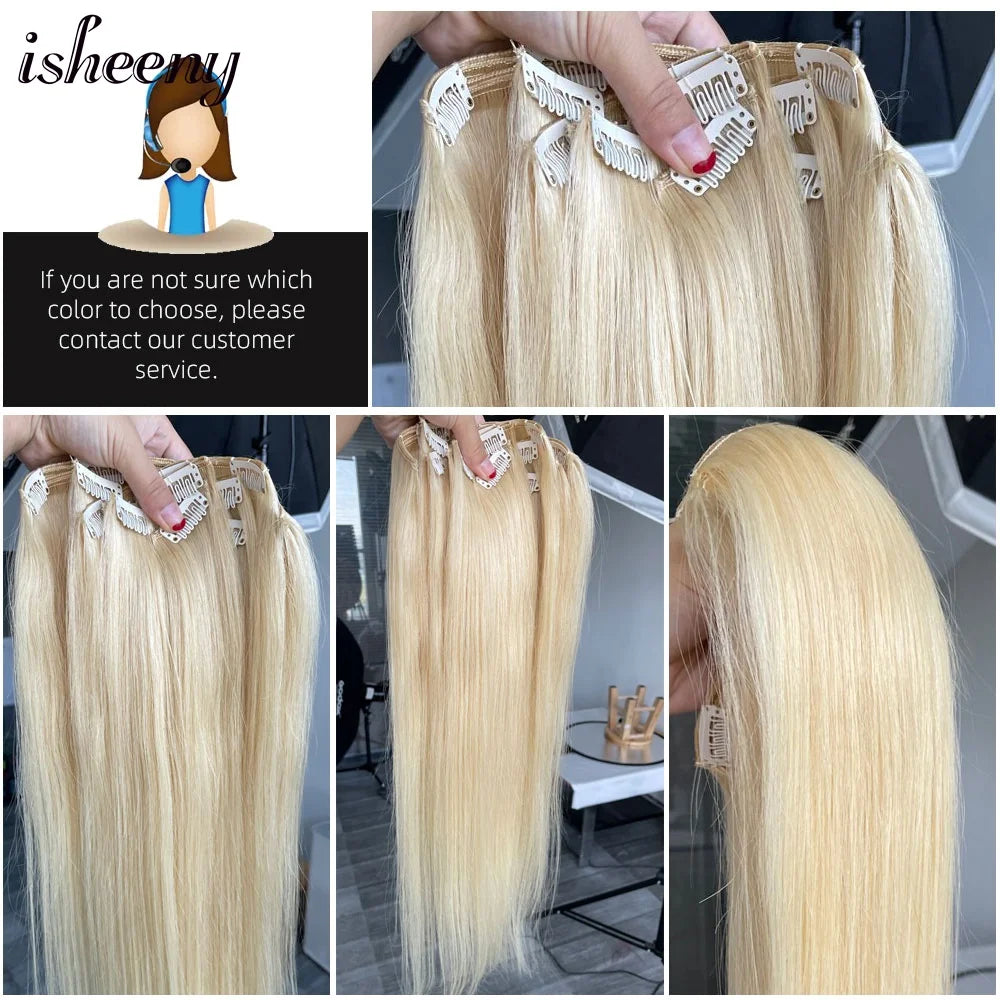 Clip In 100 % Human Hair Extensions Natural Straight 12-24 inches Clip Hair Extension Human Hairpiece 100-120g 7pcs/set isheeny
