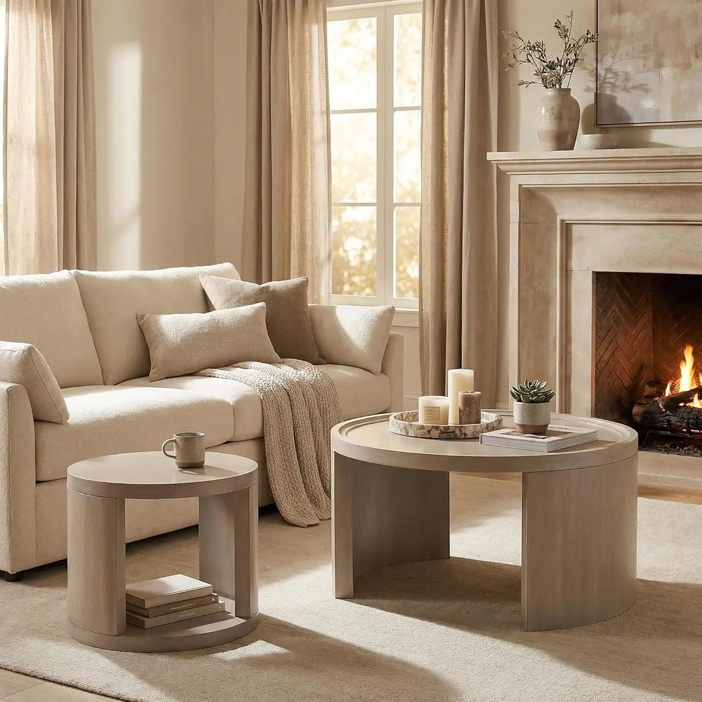 Round Nesting Coffee Table Set of 2, Gray Coffee Table, 31.5" Large & 18" Small Low Tables with Wood Top, Center, Customized