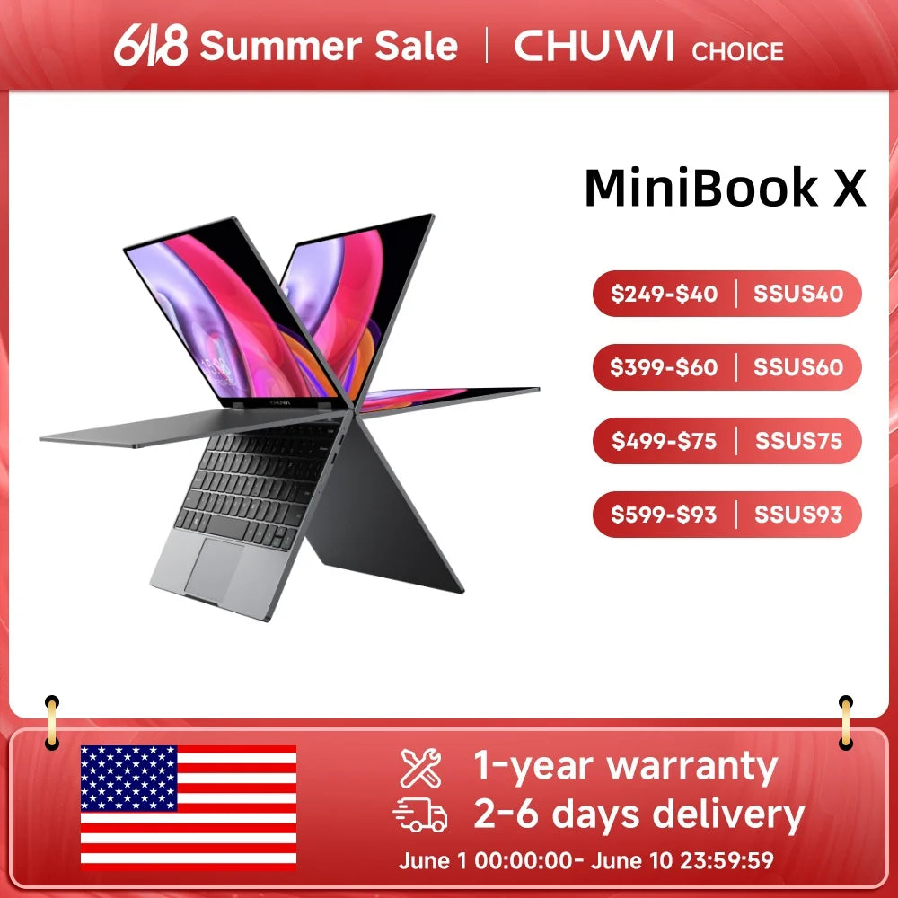 CHUWI MiniBook X 2-in-1 Touch Screen Laptop Intel N150 16GB LPDDR5 512G SSD 10.51"1920x1200 FHD Resolution Ultra-thin Notebook