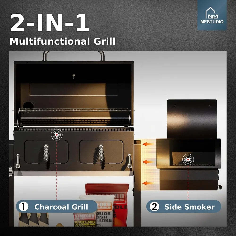 49" 2 in 1 Charcoal Grill & Smoker Combo, Outdoor Grill with Enamel Coated Charcoal Tray, 1015 SQ.IN Cooking Area,, Customized