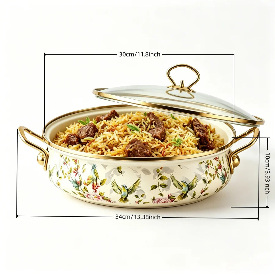 5.5Qt Enamel Stock Pot with Glass Lid – Vintage Bird & Botanical Print Nonstick Soup Pot, Dual Handles, Oven Safe, Fast Heating for All Stovetops, Gift for Wedding/Christmas, 9 Inch