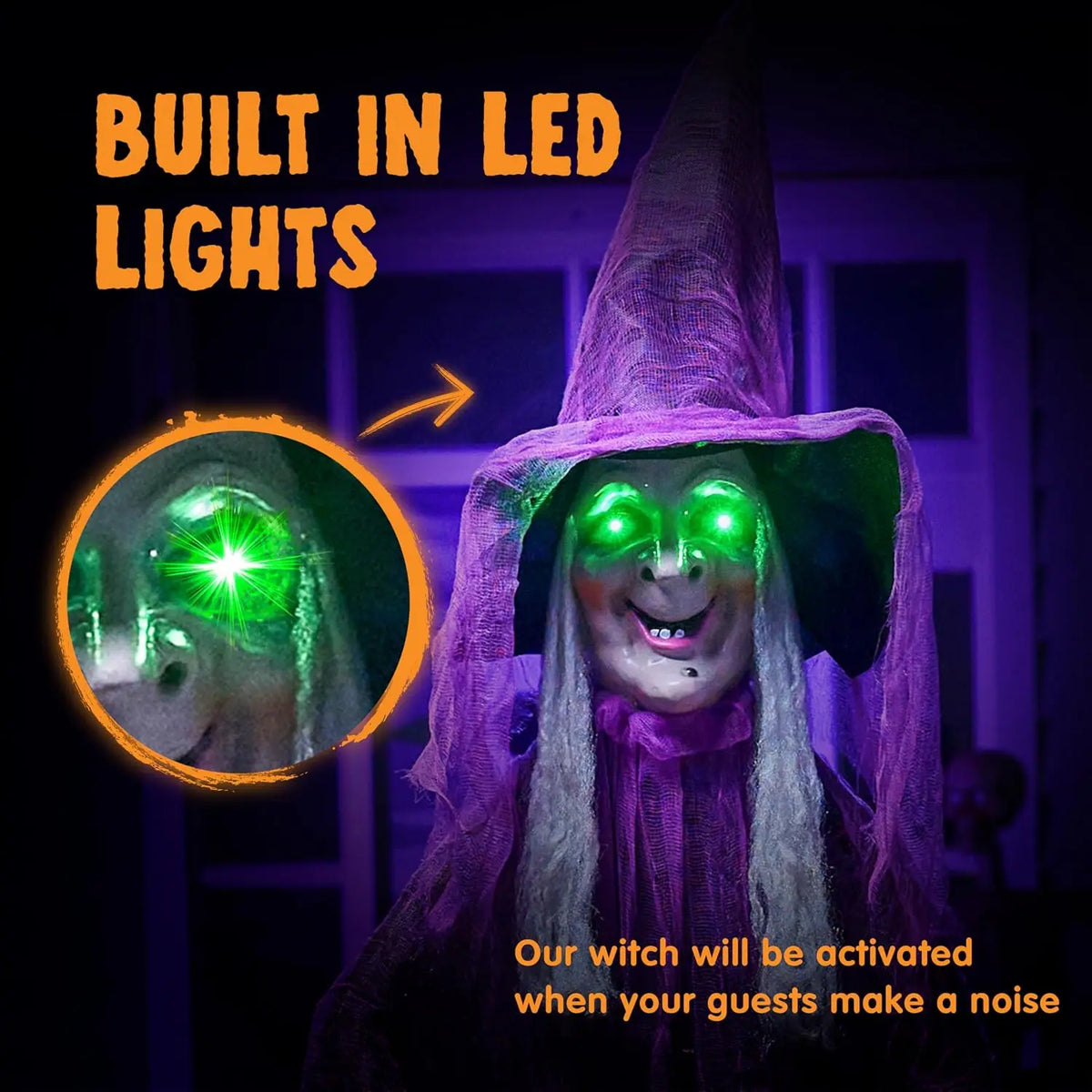 72” Halloween Decorations Standing Witch with Cauldron Scary Ghost Decor with Sound and Lights, Sound-Activated for Haunted House Yard Lawn Garden