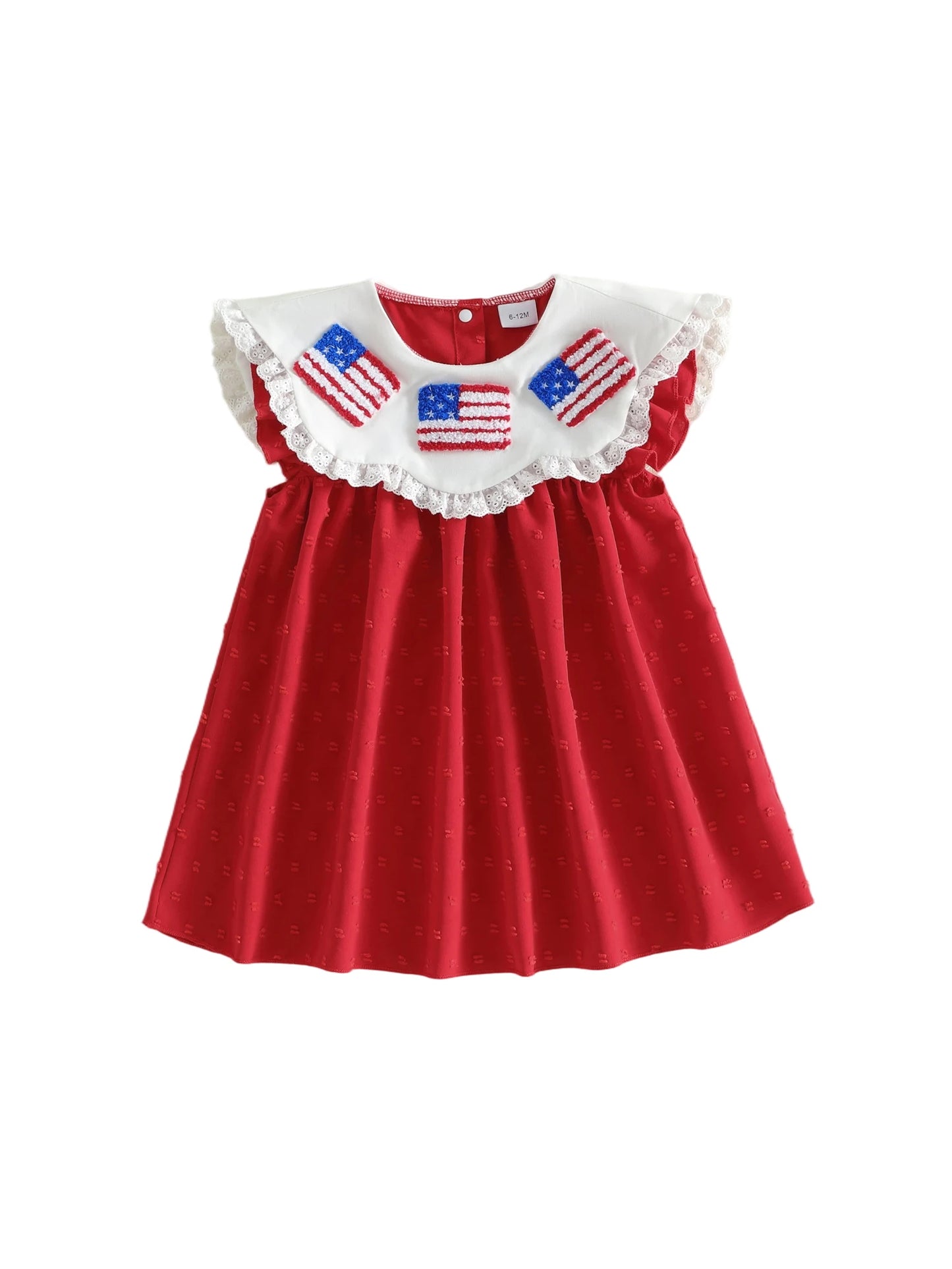 Toddler Girl s Patriotic Dress with Flutter Sleeves Crew Neck American Flag Bow Embroidery and A-Line Silhouette Perfect for