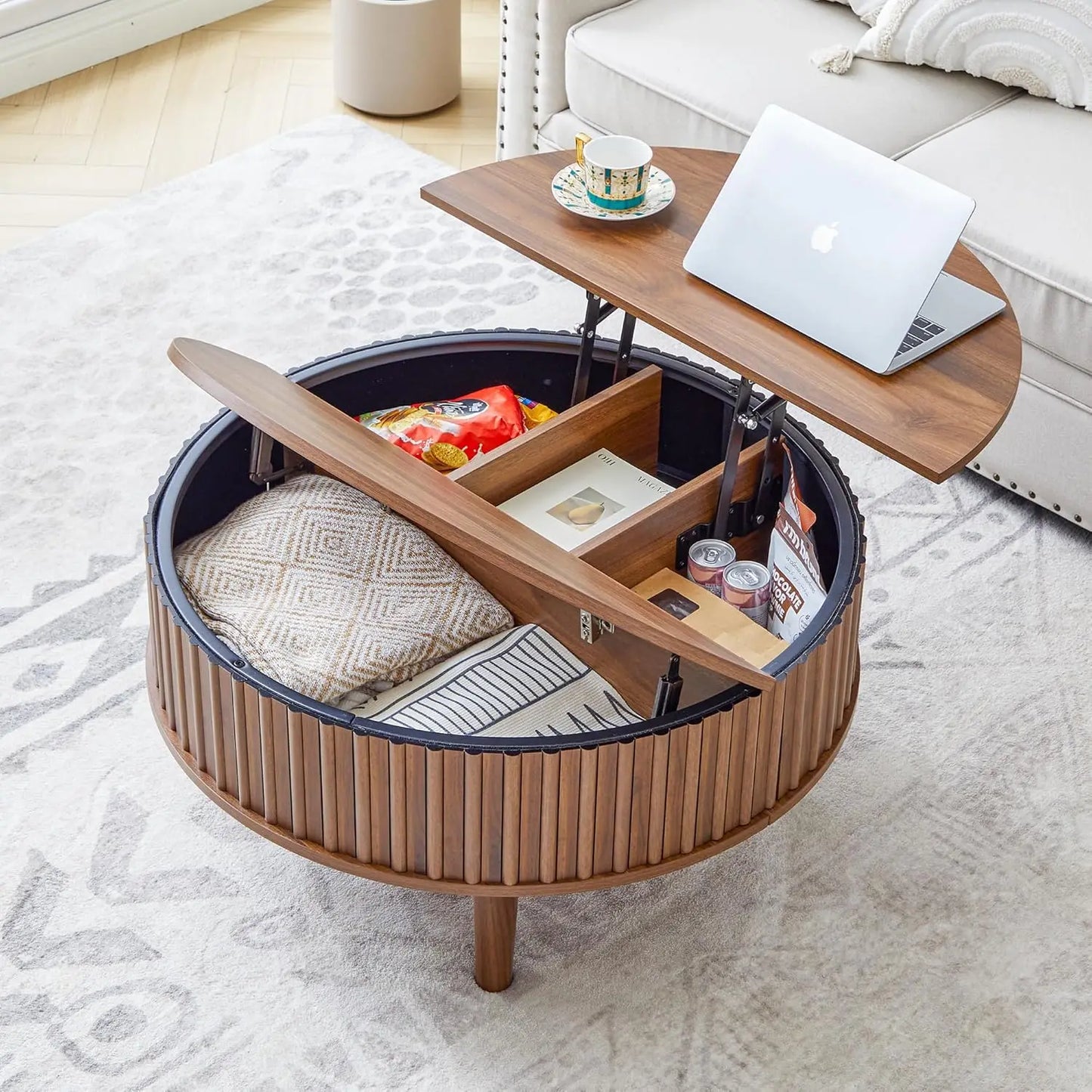 Round Lift Top Coffee Table with Storage, Fluted Mid Century Modern Coffee Tables, Small Space,31.5" Wooden Center, Customized